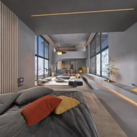 Cozy bedroom with a modern aesthetic featuring a sleek bed design and colorful pillows in a spacious layout, showcasing interior decor ideas with Homestyler's real-time 3D rendering functionality.