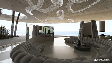modern living room featuring a curved sofa design with contemporary lighting and open space layout showcasing panoramic views, optimized using Homestyler's real-time 3D rendering.