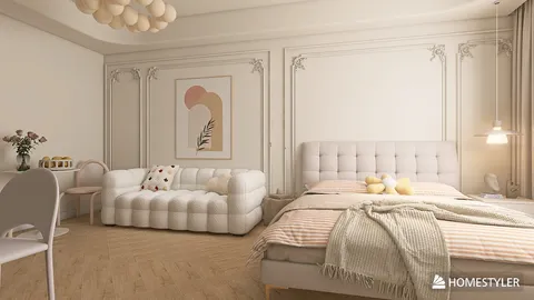 Modern bedroom design featuring a plush bed and elegant sofa, showcasing a pastel color palette and minimalist decor, optimized using Homestyler's real-time 3D rendering for a quick preview.