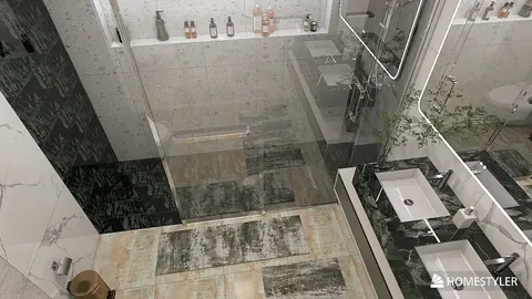 modern bathroom design showcasing a sleek shower area and stylish sinks, utilizing Homestyler's real-time 3D rendering for accurate home renovation previews.