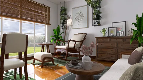 cozy living room with natural light featuring a wooden rocking chair and green plants, designed with a modern farmhouse style for comfortable indoor relaxation, utilizing Homestyler's smart furniture arrangement feature.