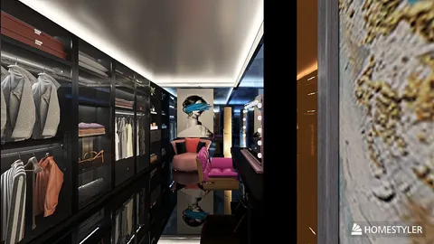 modern wardrobe design featuring organized clothing and accessories, showcasing smart furniture arrangement for maximizing small space utility, powered by Homestyler's real-time 3D rendering feature.