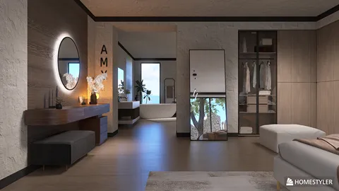modern bedroom design featuring a sleek mirror and organized storage, showcasing a minimalist aesthetic; optimized for small space using Homestyler's smart furniture arrangement feature.