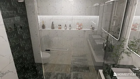 modern bathroom design featuring a glass shower enclosure and minimalist decor, showcasing efficient space utilization with Homestyler's real-time 3D rendering feature.