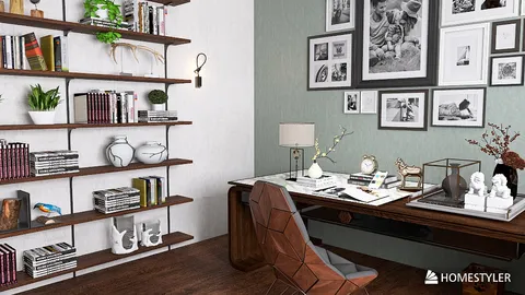 home office space featuring a stylish desk layout with a modern bookcase design, showcasing a contemporary aesthetic and organized workspace, utilizing Homestyler's real-time 3D rendering functionality.