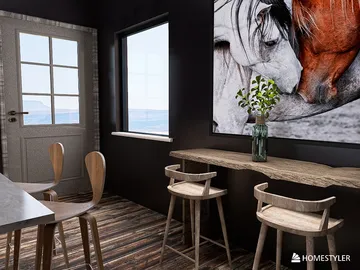 Wooden dining setup with chairs in a cozy interior, showcasing a minimalist style and merging nature-inspired elements, featuring Homestyler's real-time 3D rendering for design visualization.