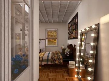 cozy bedroom featuring a bed with plaid bedding and a large mirror, designed using a rustic style, showcasing the warmth and charm of interior decor with Homestyler's real-time 3D rendering feature.