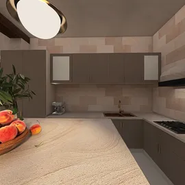 modern kitchen design featuring a sleek countertop and minimalist cabinetry, showcasing a warm color palette; ideal for enhancing interior decor with Homestyler's real-time 3D rendering feature.
