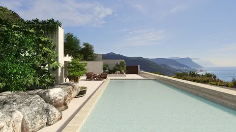 outdoor swimming pool with modern furnishings overlooking a scenic coastline in a contemporary style, showcasing Homestyler's real-time 3D rendering feature for realistic design previews.