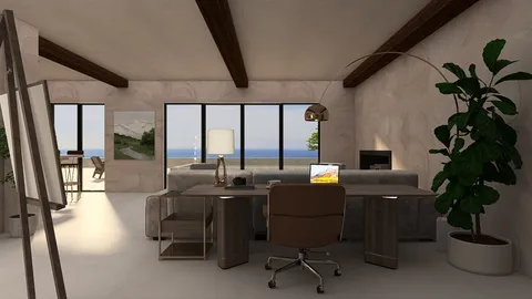 modern home office interior showcasing a sleek desk arrangement with cozy seating and a large window view, featuring smart furniture layout for small spaces, utilizing Homestyler's real-time 3D rendering feature.