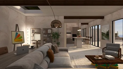 a modern living room featuring a cozy sofa and stylish decor, showcasing a blend of contemporary and minimalist design, highlighting space optimization with Homestyler's real-time 3D rendering feature.