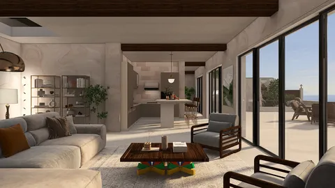 modern living room interior design showcasing an open-concept space with natural light and minimalist furniture arrangement using Homestyler's real-time 3D rendering feature