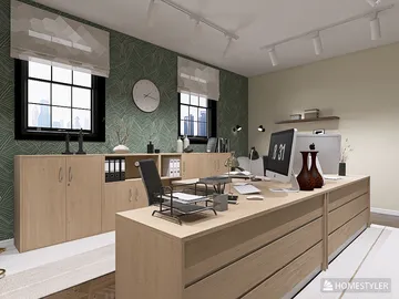 modern office workspace organizing furniture in a contemporary style with efficient layout using Homestyler's 3D rendering feature