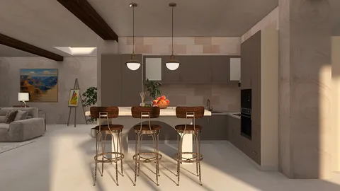 kitchen with bar stools designed in a modern style showcasing an open layout optimized for space utilization using Homestyler's real-time 3D rendering feature.