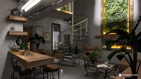 A modern dining area featuring a wooden dining table with stylish chairs, complemented by a spiral staircase and green wall decor, designed using Homestyler's real-time 3D rendering for an immersive interior experience.