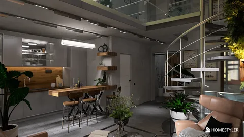 modern kitchen design featuring an open layout with wooden dining table and stylish bar stools, showcasing Homestyler's real-time 3D rendering feature for creative interior decor exploration.