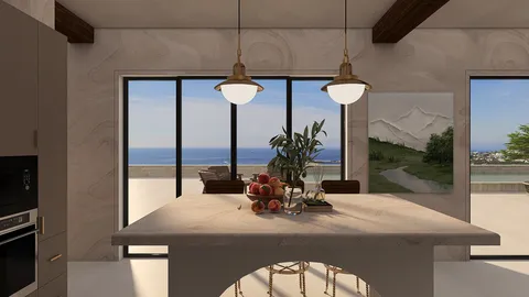 kitchen island with elegant lighting creating a modern dining space with ocean view and contemporary decor, featuring Homestyler's real-time 3D rendering capabilities.