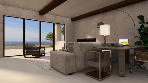 modern living room featuring a cozy sofa and stylish desk design with a panoramic view of the ocean, incorporating smart furniture arrangement for optimal space utilization using Homestyler's real-time 3D rendering feature.