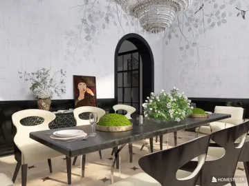 dining room table setup with elegant decor featuring a modern chandelier and wall art in a contemporary style optimized for intimate gatherings, showcasing Homestyler's real-time 3D rendering capabilities.