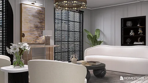 Elegant living room featuring a stylish white sofa and chic decor elements, designed using Homestyler's real-time 3D rendering for a stunning interior design visualization.
