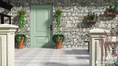 exterior patio design featuring a stone wall and green door enhanced with plants in rustic style, showcasing Homestyler's real-time 3D rendering feature.
