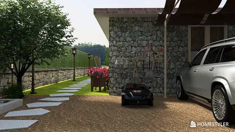garden pathway with stone tiles leading to a modern house designed with a stone facade, featuring outdoor decor and greenery, showcasing Homestyler's real-time 3D rendering functionality for landscaping.
