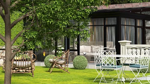 outdoor seating area featuring wooden and metal furniture, designed for garden relaxation with a contemporary style, showcasing Homestyler's real-time 3D rendering capability