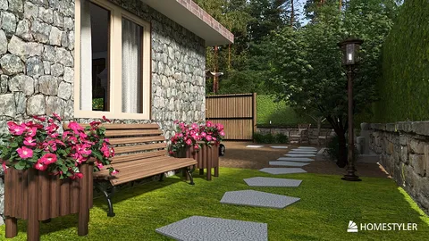Garden seating area with a wooden bench and flowering planters enhancing outdoor space, designed with Homestyler's 3D rendering features for a realistic preview.