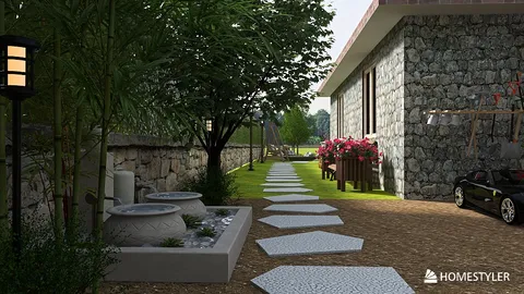 garden walkways featuring stone path design and water features, enhancing outdoor landscape aesthetics with Homestyler's real-time 3D rendering capability