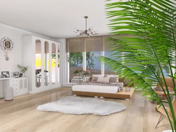 Modern bedroom featuring a cozy bed and stylish wooden accents, showcasing a contemporary interior design aesthetic, optimized layout using Homestyler's smart furniture arrangement feature.