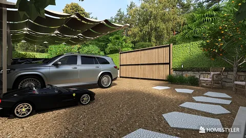 carport with luxury SUV and toy car, showcasing modern outdoor design and landscape optimization, featuring Homestyler's real-time 3D rendering for enhanced visualization.