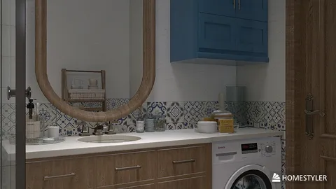 modern bathroom design featuring a washing machine and stylish storage solutions with blue cabinetry, optimized for small space functionality using Homestyler's real-time 3D rendering feature.