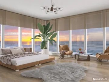 Modern bedroom with ocean view featuring elegant furniture arrangement and cozy decor, optimized for interior design using Homestyler's real-time 3D rendering feature.