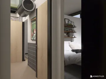 A modern hallway featuring wooden doors and wall-mounted shelves, designed for a cozy atmosphere in a residential space; showcasing interior design with a focus on smart furniture arrangement using Homestyler's real-time 3D rendering feature.