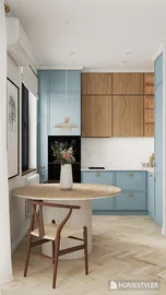 Modern kitchen with a round wooden table showcasing smart furniture arrangement in a minimalistic style, emphasizing space optimization using Homestyler's intelligent layout feature.