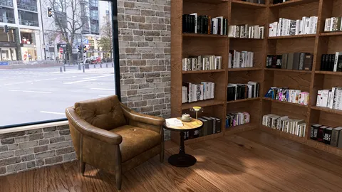 cozy armchair placed in a modern library setting with a brick wall design, enhancing the space's warmth and inviting atmosphere, featuring Homestyler's real-time 3D rendering to visualize interior decor options.