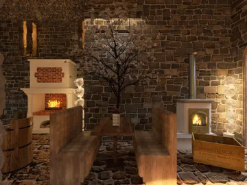 cozy stone interior featuring rustic wooden furniture with an emphasis on a warm fireplace, showcasing an inviting atmosphere ideal for intimate gatherings, utilizing Homestyler's real-time 3D rendering feature.