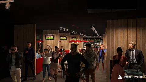 dining area filled with people enjoying a lively atmosphere and socializing with modern decor and lighting in a restaurant, featuring Homestyler's real-time 3D rendering for design proposal showcase.