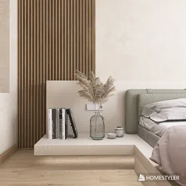 bedside table with decorative vase and books styling in minimalist design for a bedroom utilizing Homestyler's real-time 3D rendering feature.