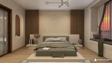 bedroom interior design featuring a modern bed arrangement with a soothing color palette, enhanced by smart furniture placement for optimal space use, showcasing Homestyler's real-time 3D rendering capabilities.