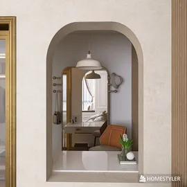 arched niche showcasing a minimalist workspace with warm accents and a stylish armchair, highlighting interior design trends in a contemporary home office; utilizes Homestyler's real-time 3D rendering feature.