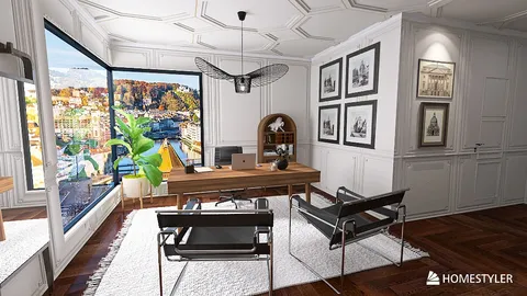 modern home office design featuring a large window with a scenic view, stylish desk arrangement, and contemporary decor elements, showcasing the interior design capabilities of Homestyler with real-time 3D rendering.