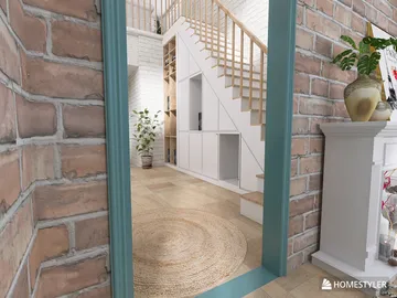 Elegant entryway featuring a stylish staircase design with brick walls, showcasing modern interior decor values and utilizing Homestyler's real-time 3D rendering functionality.