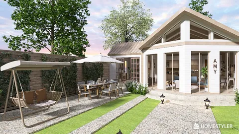 outdoor garden featuring a swing bench and dining area with a modern design style, showcasing a bright and inviting space for relaxation and gatherings using Homestyler's real-time 3D rendering functionality.