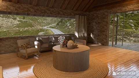 cozy living room with a round coffee table and comfortable seating, showcasing a rustic design style with natural materials, emphasizing indoor comfort and scenic views, featuring Homestyler's real-time 3D rendering.