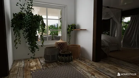 Indoor plants enhancing a cozy entryway with natural decor elements, creating a welcoming atmosphere; features Homestyler's real-time 3D rendering for an immersive design preview.