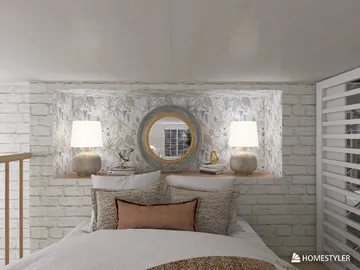 Cozy bedroom with stylish lighting and decorative elements, showcasing a modern rustic design that enhances relaxation, utilizing Homestyler's real-time 3D rendering for design visualization.