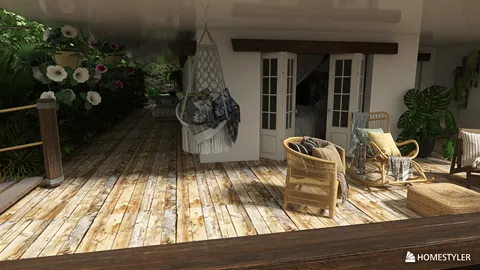 outdoor deck area with hanging chair and seating arrangement, designed in a tropical style, showcasing a cozy living space, utilizing Homestyler's real-time 3D rendering feature.