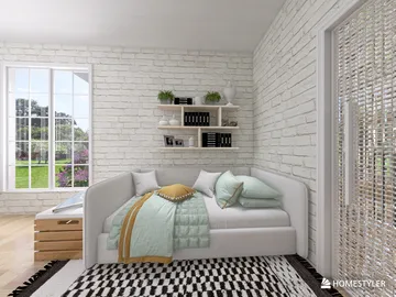 cozy bedroom featuring a daybed arrangement with soft pillows and pastel bedding, styled in a modern minimalist aesthetic, showcasing home decor ideas for comfort and relaxation, utilizing Homestyler's real-time 3D rendering feature.