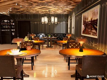 elegant dining area featuring luxurious round tables arranged with stylish seating and ambient lighting, showcasing modern elegance and comfort, enhanced by Homestyler's real-time 3D rendering feature.